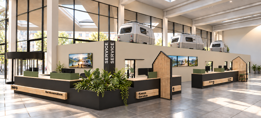 Servicebereich Service- und Empfangsbereich im Wohnmobil-Service-Center mit Beratungstheken und integrierten Fahrzeug-Renderings