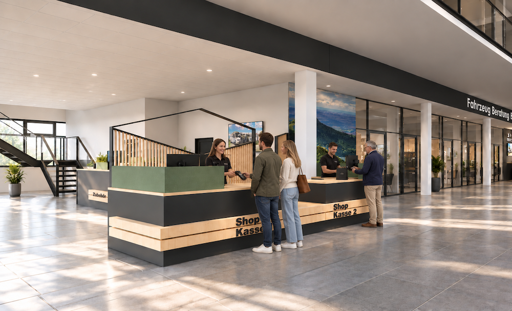 Shop Kasse hop- und Kassenbereich mit Beratungstheke im modern gestalteten Service-Center für Wohnmobile