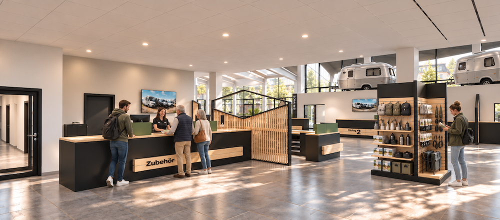 Zubehör- und Beratungsbereich im Wohnmobil-Service-Center mit Verkaufstheke und Produktpräsentation Zubehör
