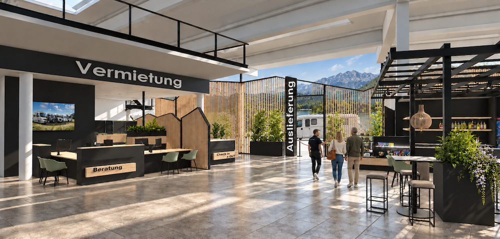 6 – Vermietung und Café Vermietung und Café im Wohnmobil-Service-Center mit Holz-Sichtschutz, Beratungstheken und Bergmotiv