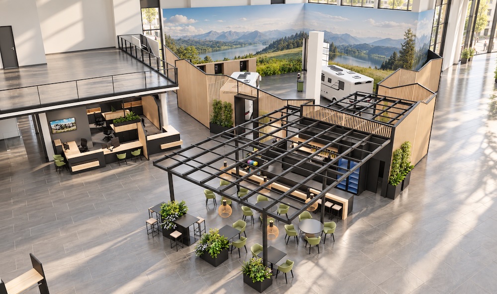 Innenraumgestaltung eines 730 qm großen Wohnmobil-Service-Centers mit Café, Beratung und Auslieferungsbereich Gesamtansicht